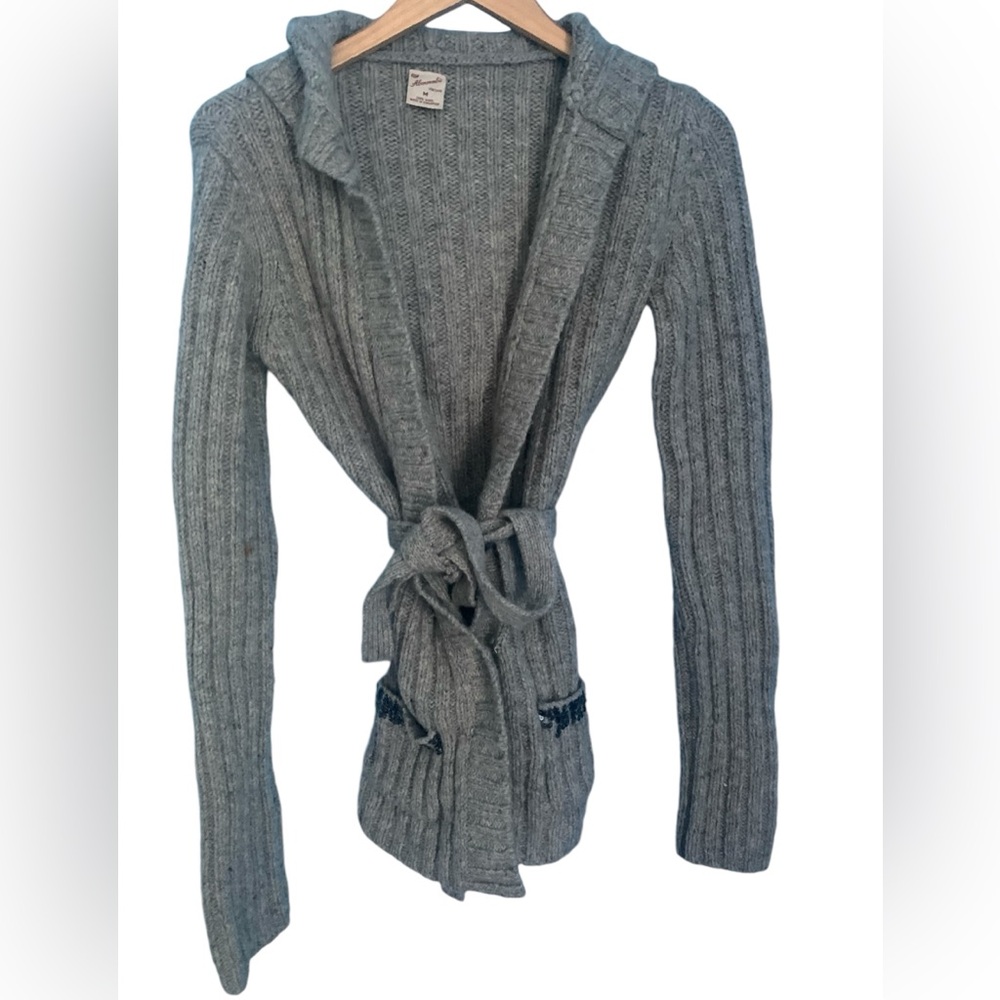 Abercrombie & Fitch VTG Y2K Gray 100% Wool Long Hooded Cardigan Sweater M